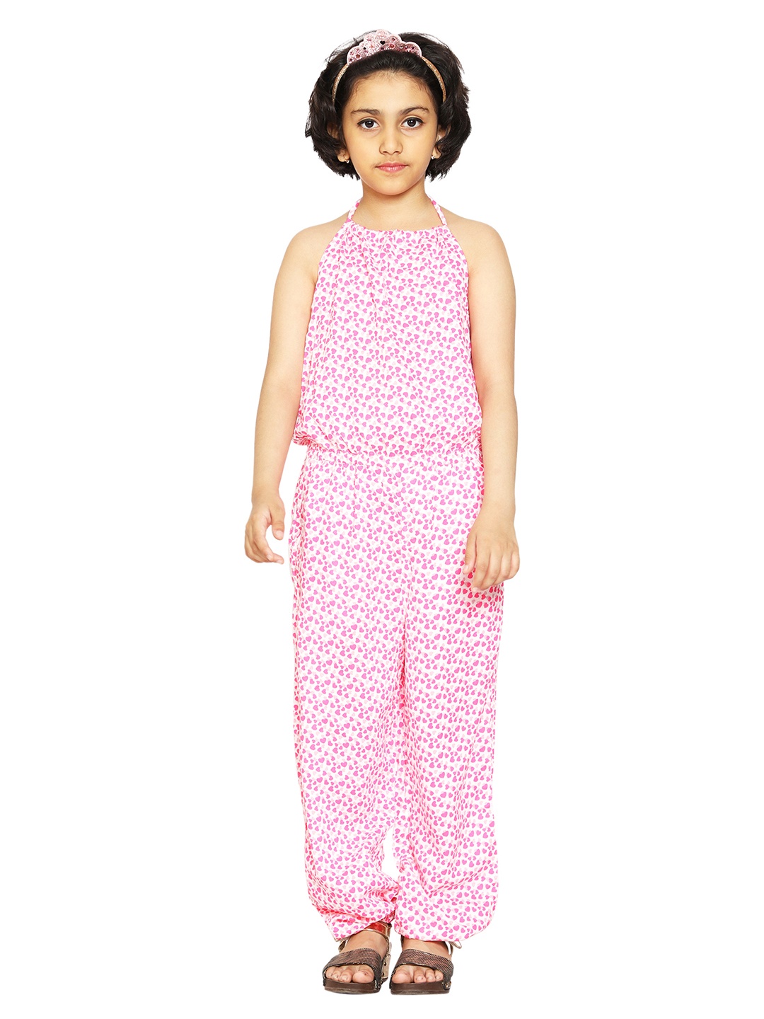 

KiddoPanti Girls White & Pink Halter Neck Printed Basic Jumpsuit