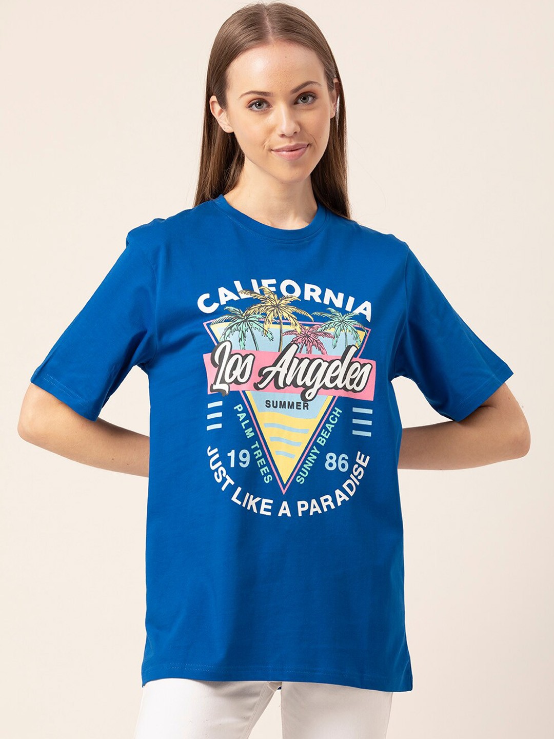 

Lounge Dreams Women Blue Printed Cotton Oversized Lounge Tshirts