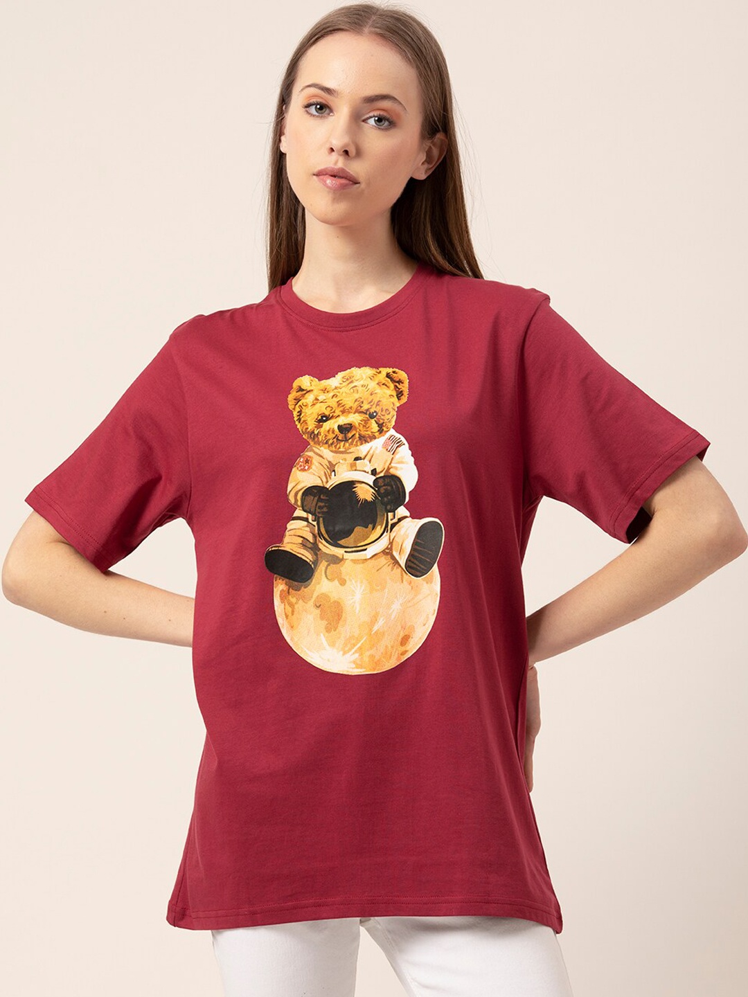 

Lounge Dreams Women Burgundy & Brown Printed Pure Cotton Oversized Lounge T-shirt