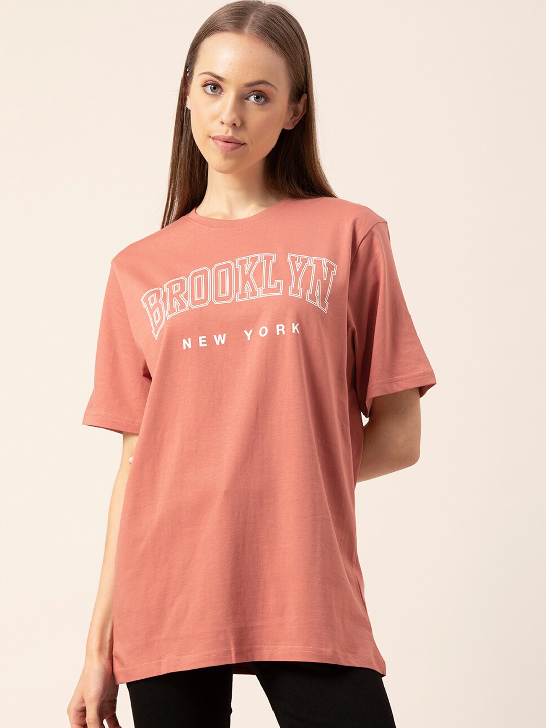

Lounge Dreams Women Pink & White Printed Pure Cotton Lounge T-shirt