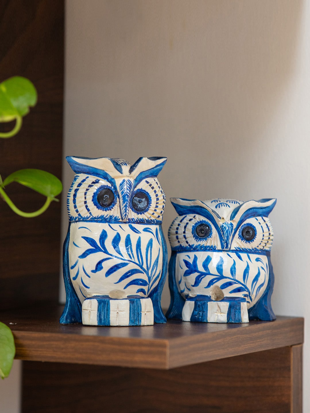 

ExclusiveLane Set Of 2 Blue & White Printed Wooden Owl Showpieces