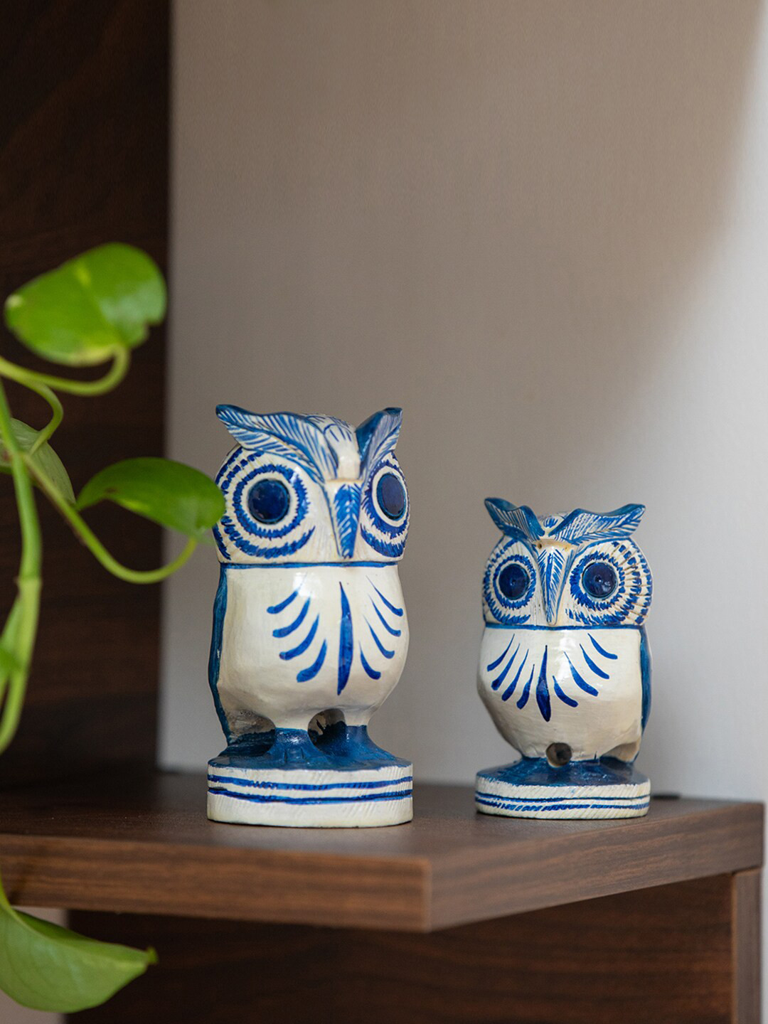 

ExclusiveLane Set Of 2 Blue & White Printed Hand-Painted Wooden Owl Showpieces