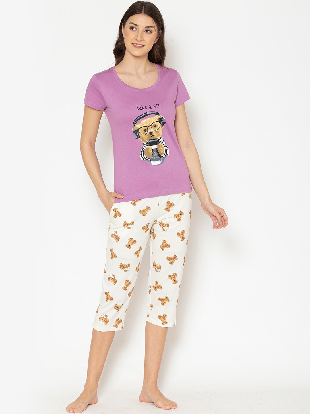 

Lounge Dreams Women Purple & White Printed Night Suit