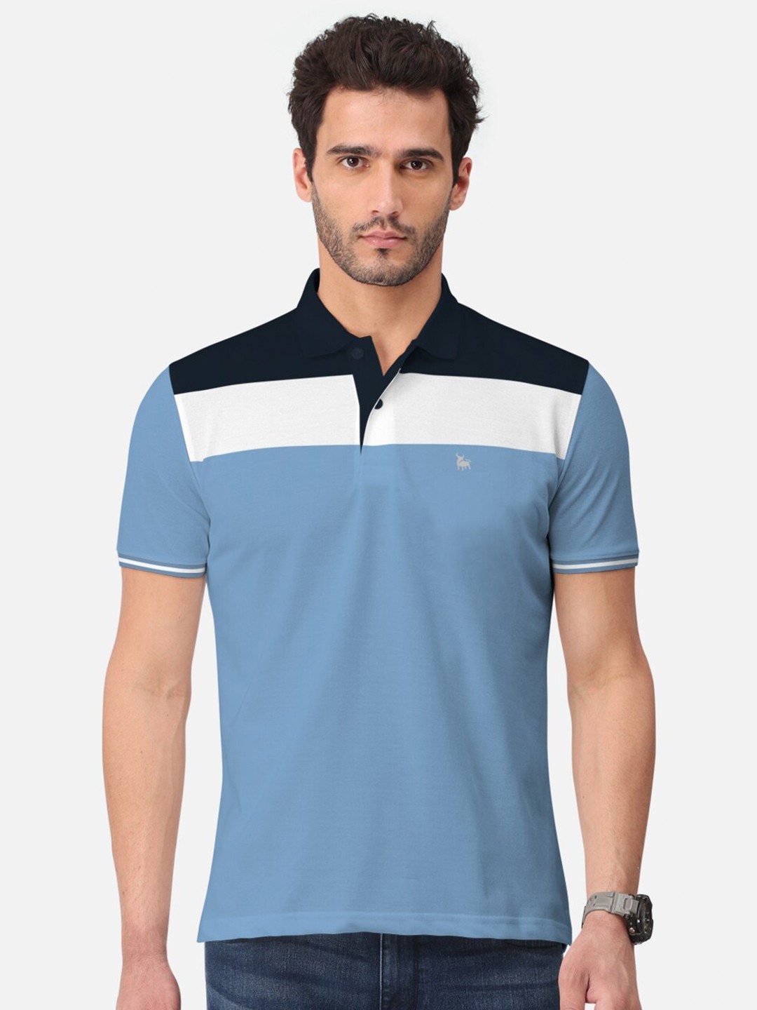 

BULLMER Men Blue & White Polo Collar Bio Finish T-shirt