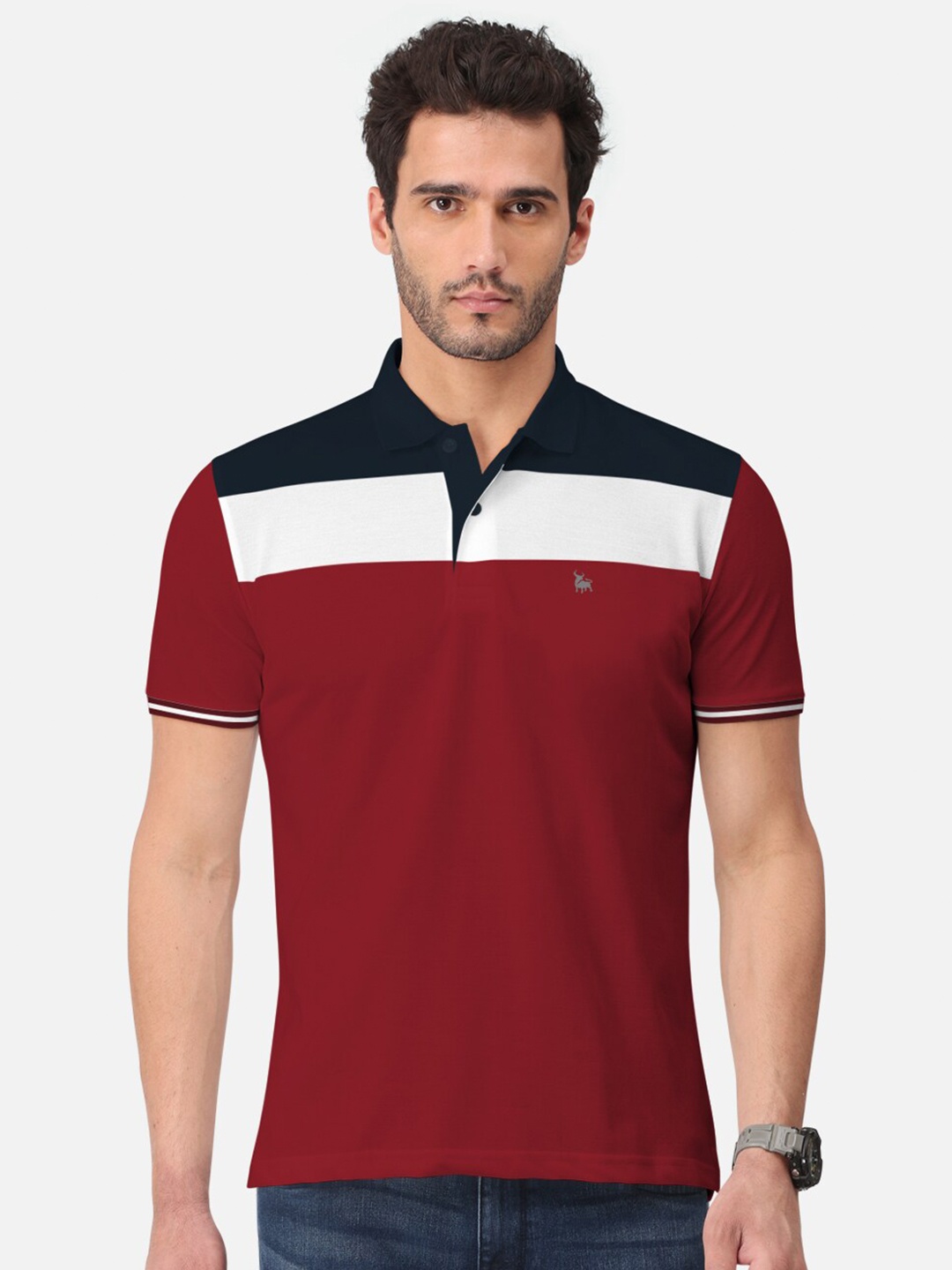 

BULLMER Men Maroon & White Polo Collar Bio Finish T-shirt
