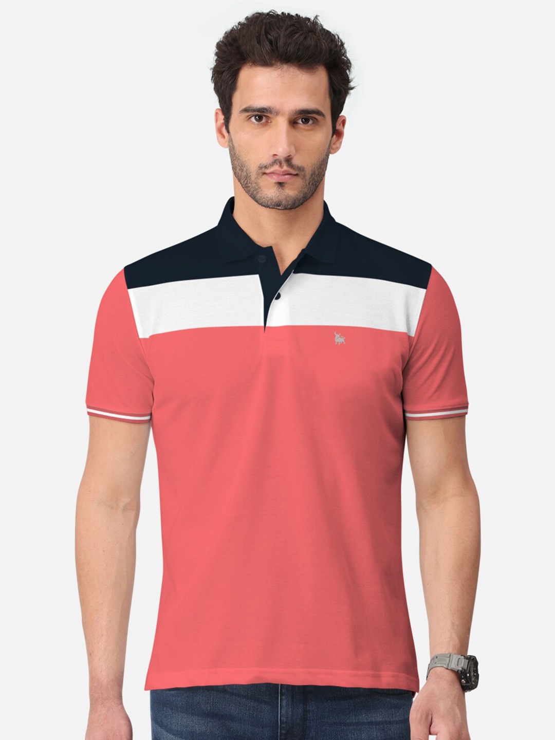 

BULLMER Men Coral & White Polo Collar Bio Finish T-shirt