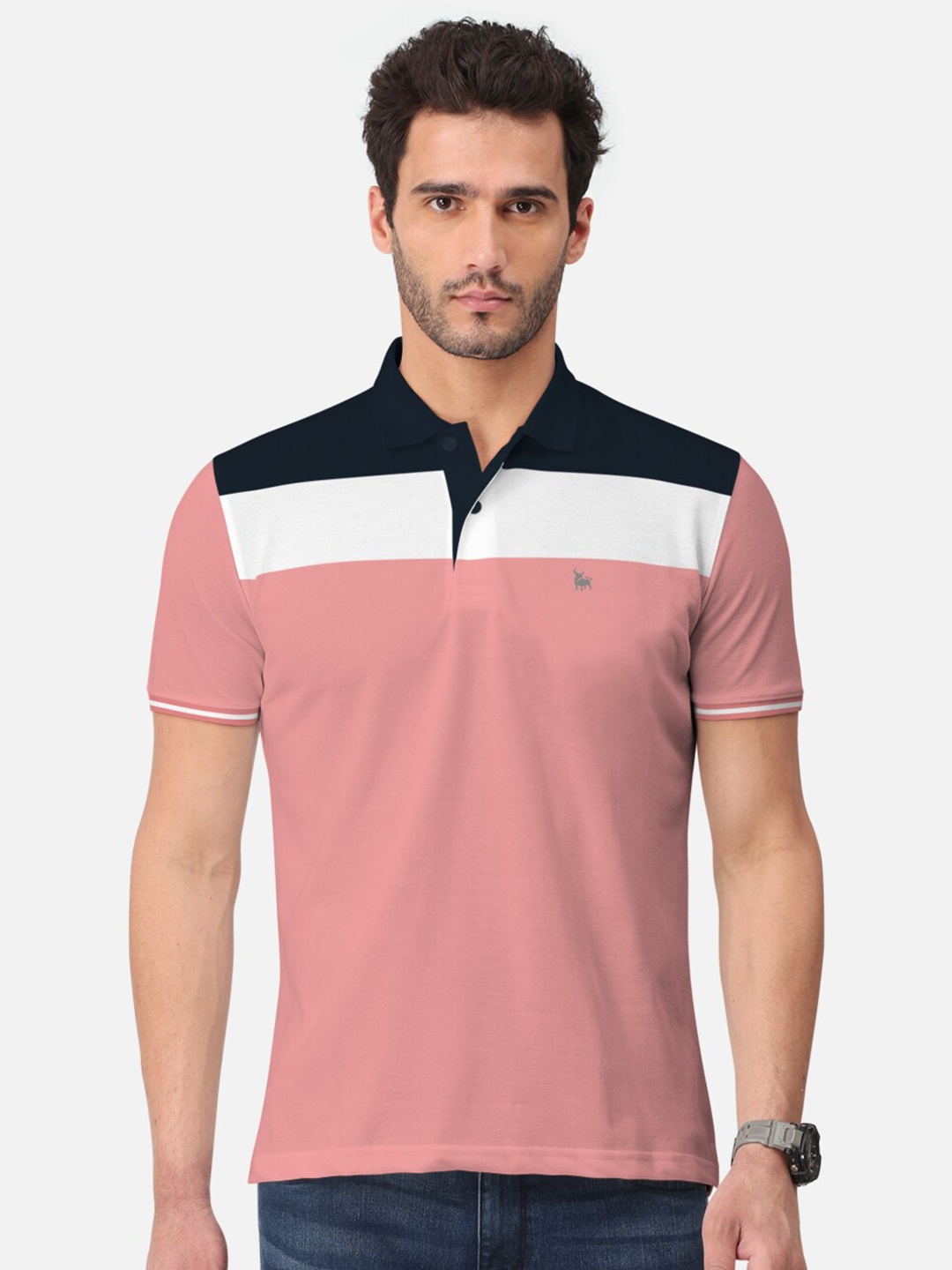 

BULLMER Men Peach-Coloured & White Polo Collar Bio Finish T-shirt