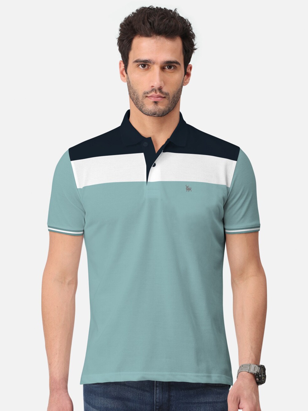 

BULLMER Men Sea Green & White Polo Collar Bio Finish T-shirt