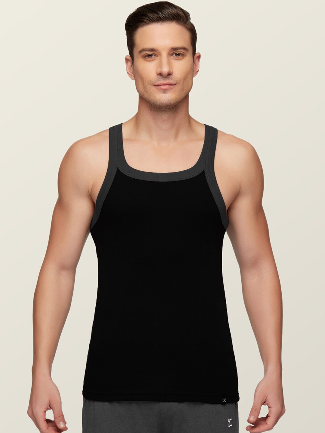 

XYXX Men Black & Dark-Grey Anti-Bacterial Super Combed Cotton Square Neck Knitted Vest