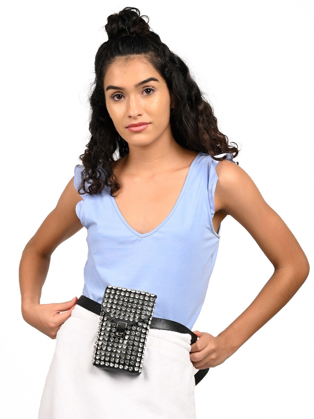ODETTE Black Embellished Purse Clutch With Belt