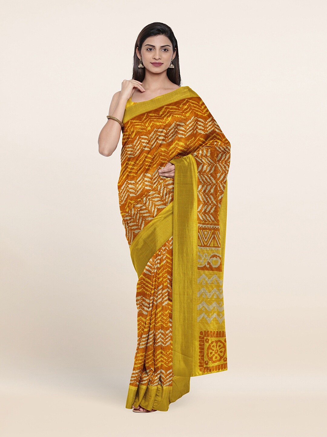 

Pothys Mustard & White Printed Zari Saree