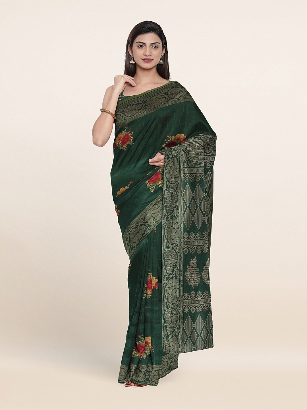 

Pothys Green & Red Floral Cotton Blend Saree