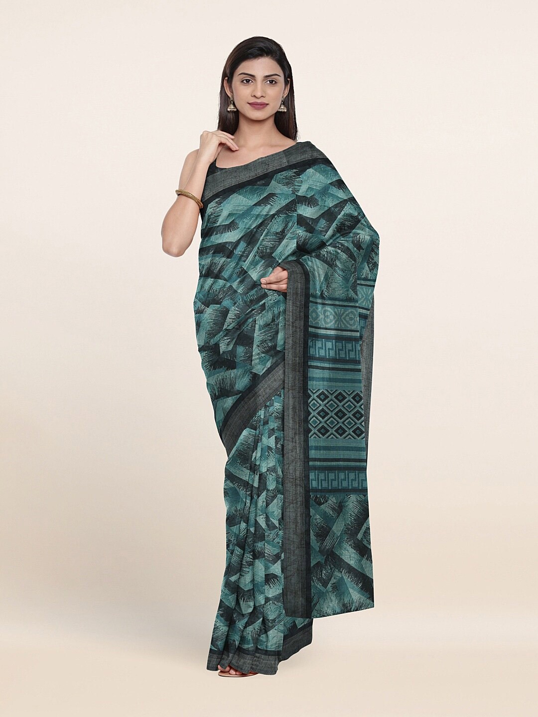 

Pothys Blue & Black Printed Linen Blend Saree