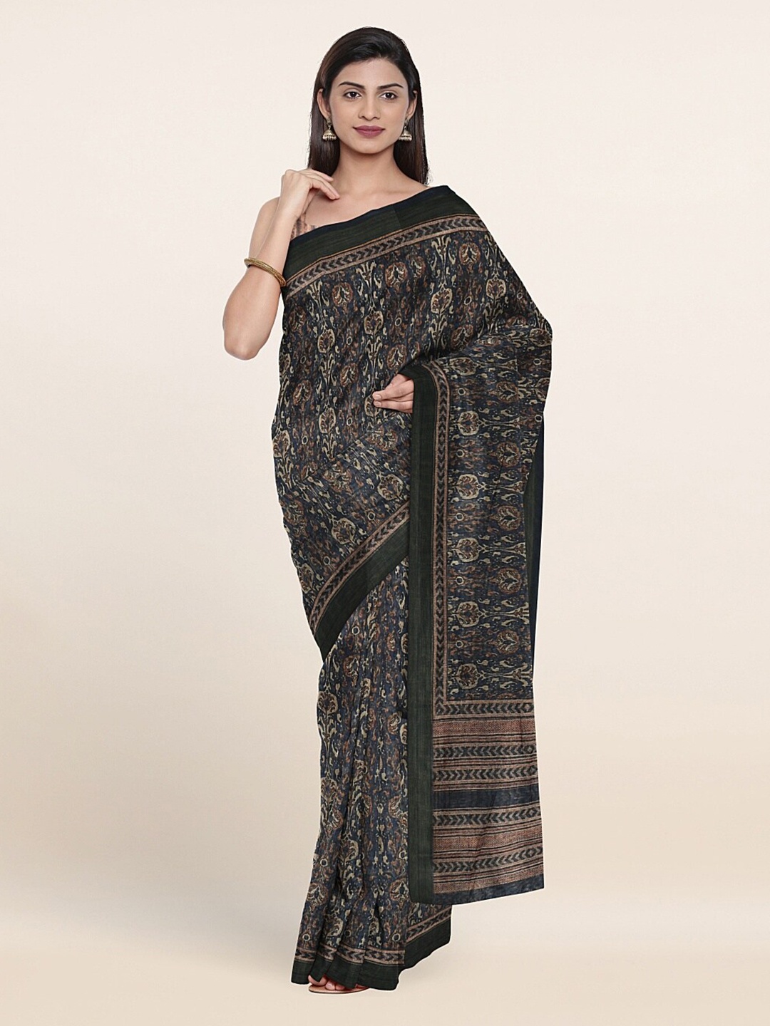 

Pothys Navy Blue & Black Ethnic Motifs Jute Silk Saree