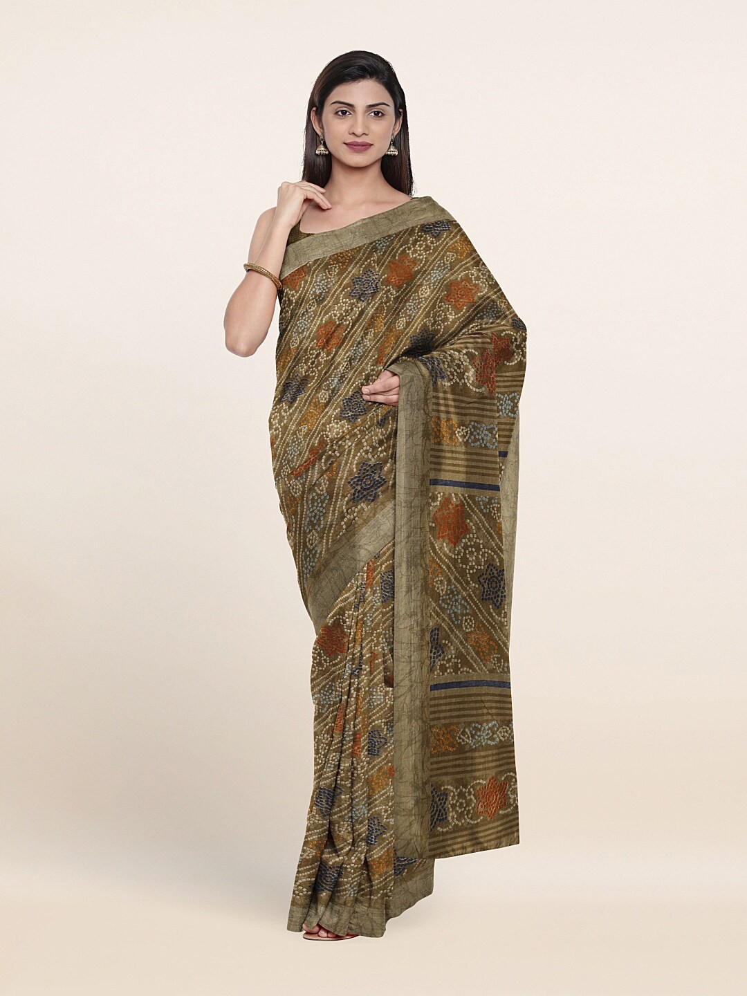 

Pothys Brown & Navy Blue Floral Linen Blend Saree