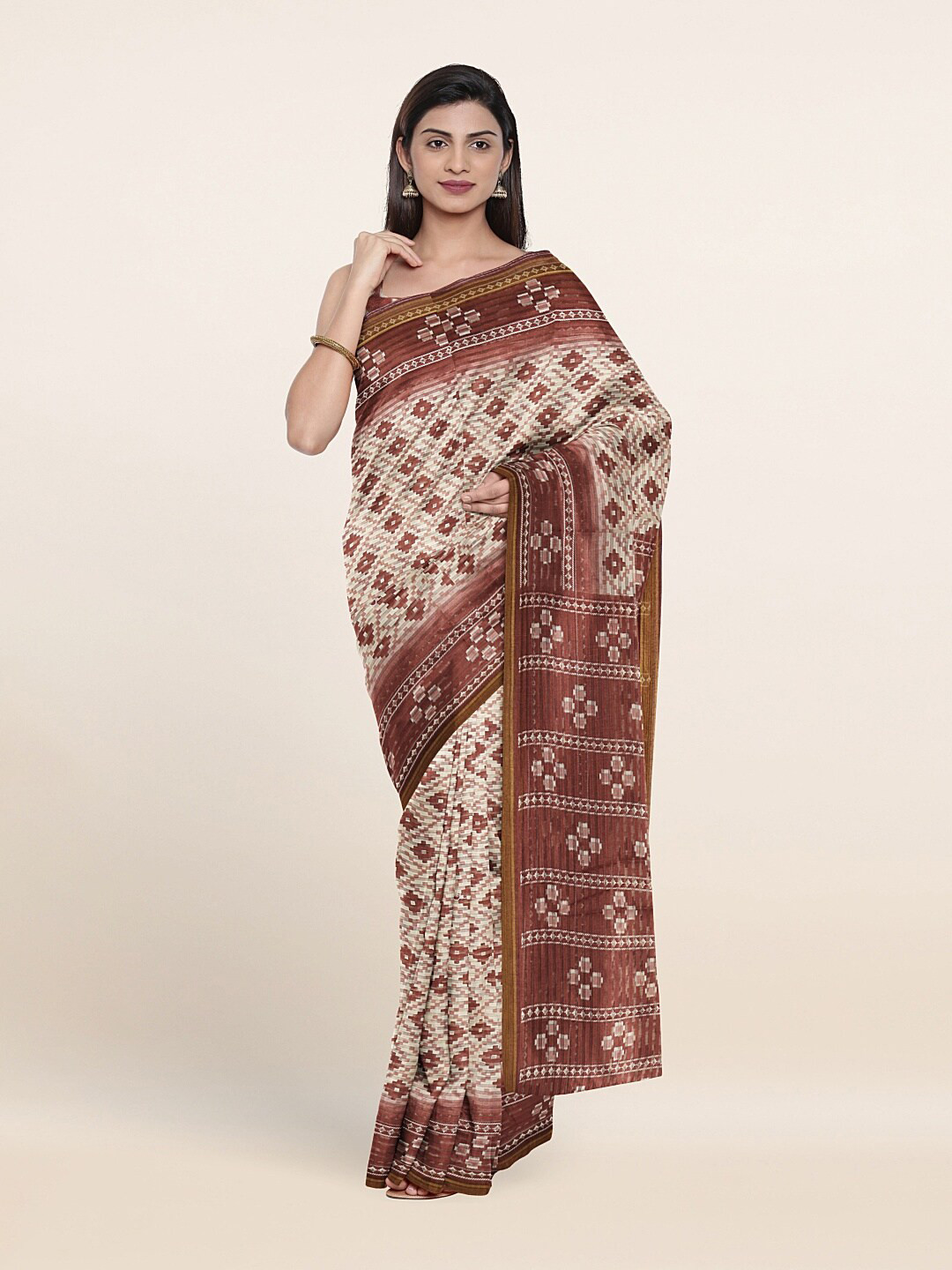 

Pothys Cream-Coloured & Brown Printed Saree