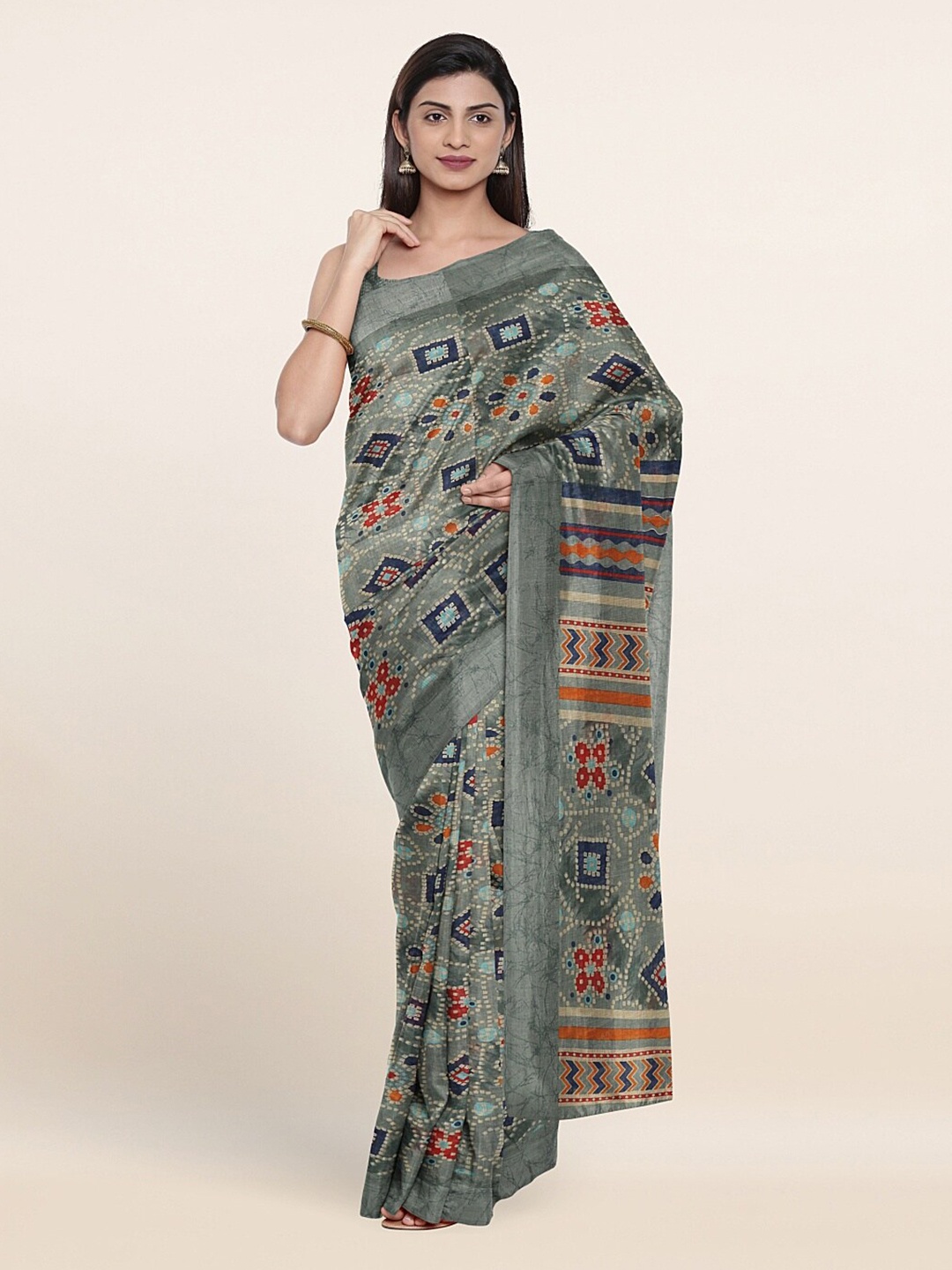 

Pothys Green & Navy Blue Ethnic Motifs Linen Blend Saree