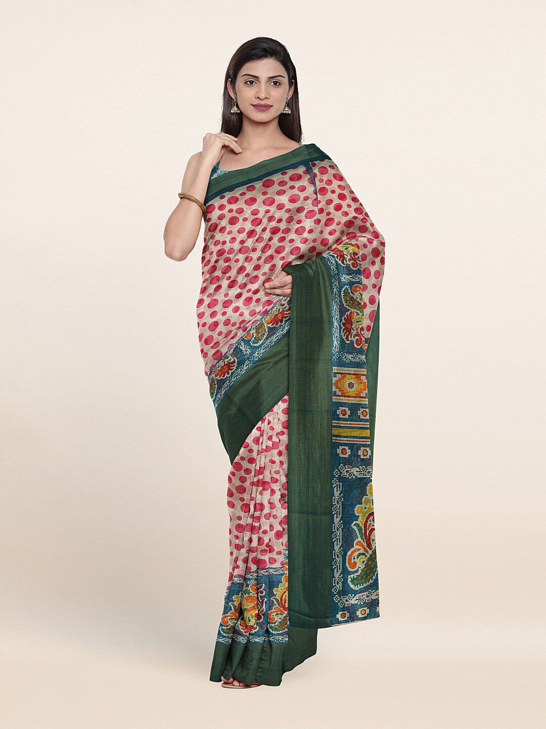 

Pothys Cream-Coloured & Pink Ethnic Motifs Saree