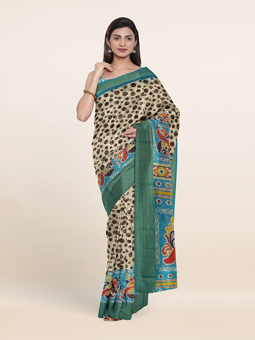 

Pothys Cream-Coloured & Green Printed Saree