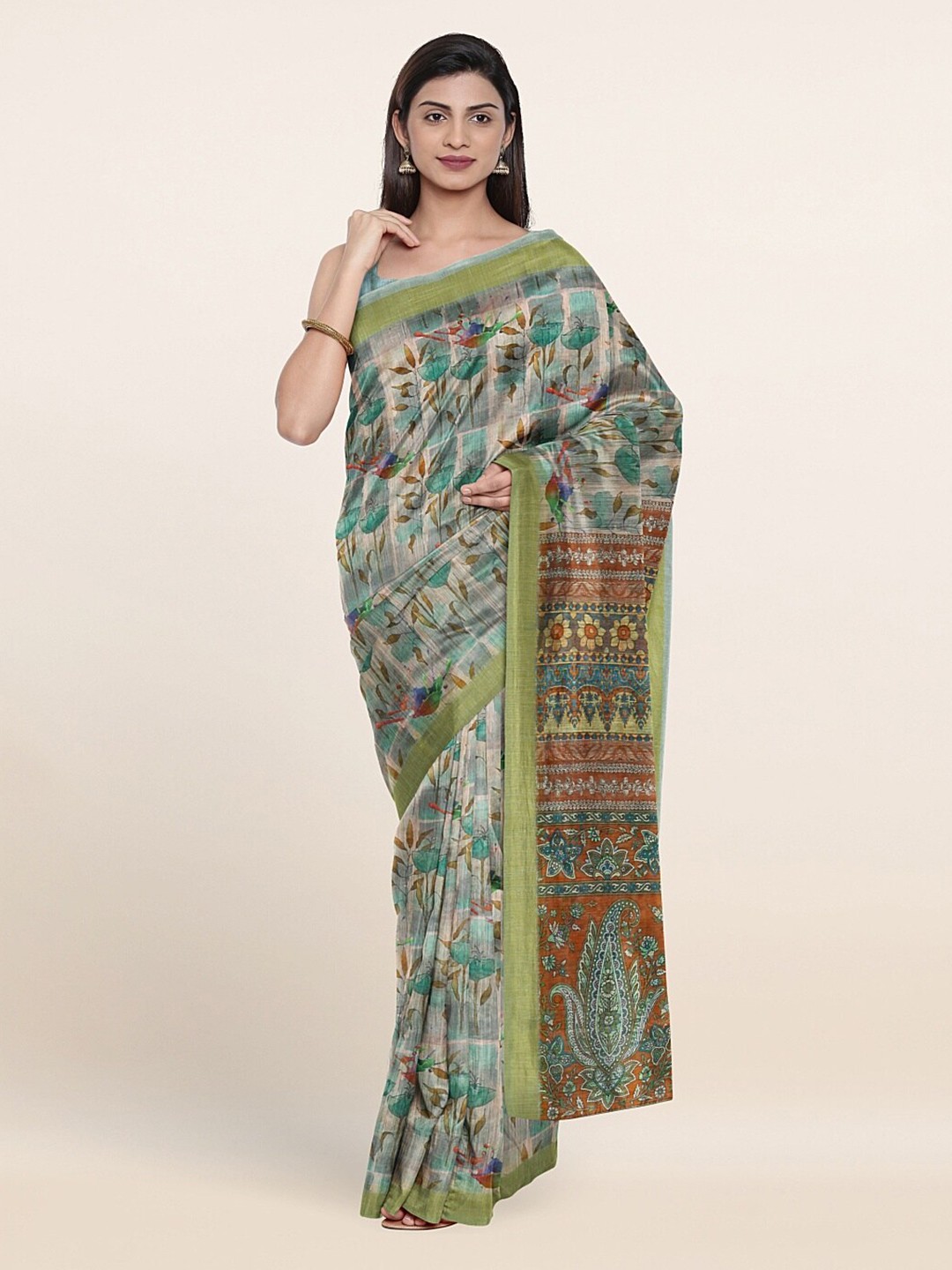 

Pothys Green & Brown Floral Jute Silk Saree