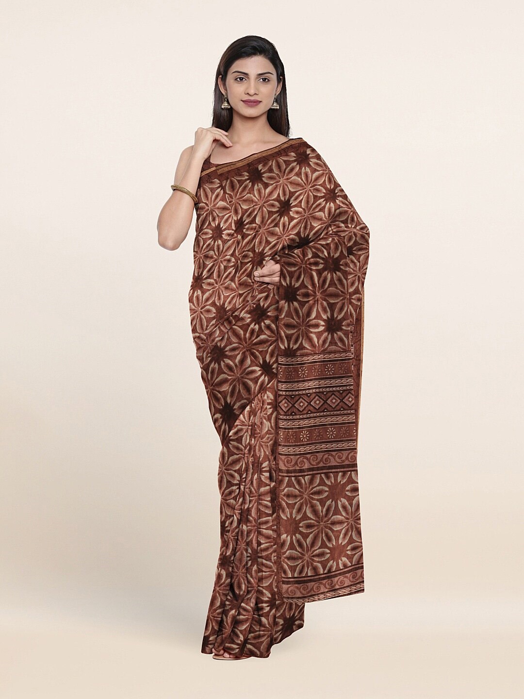 

Pothys Brown & Cream-Coloured Floral Jute Silk Saree