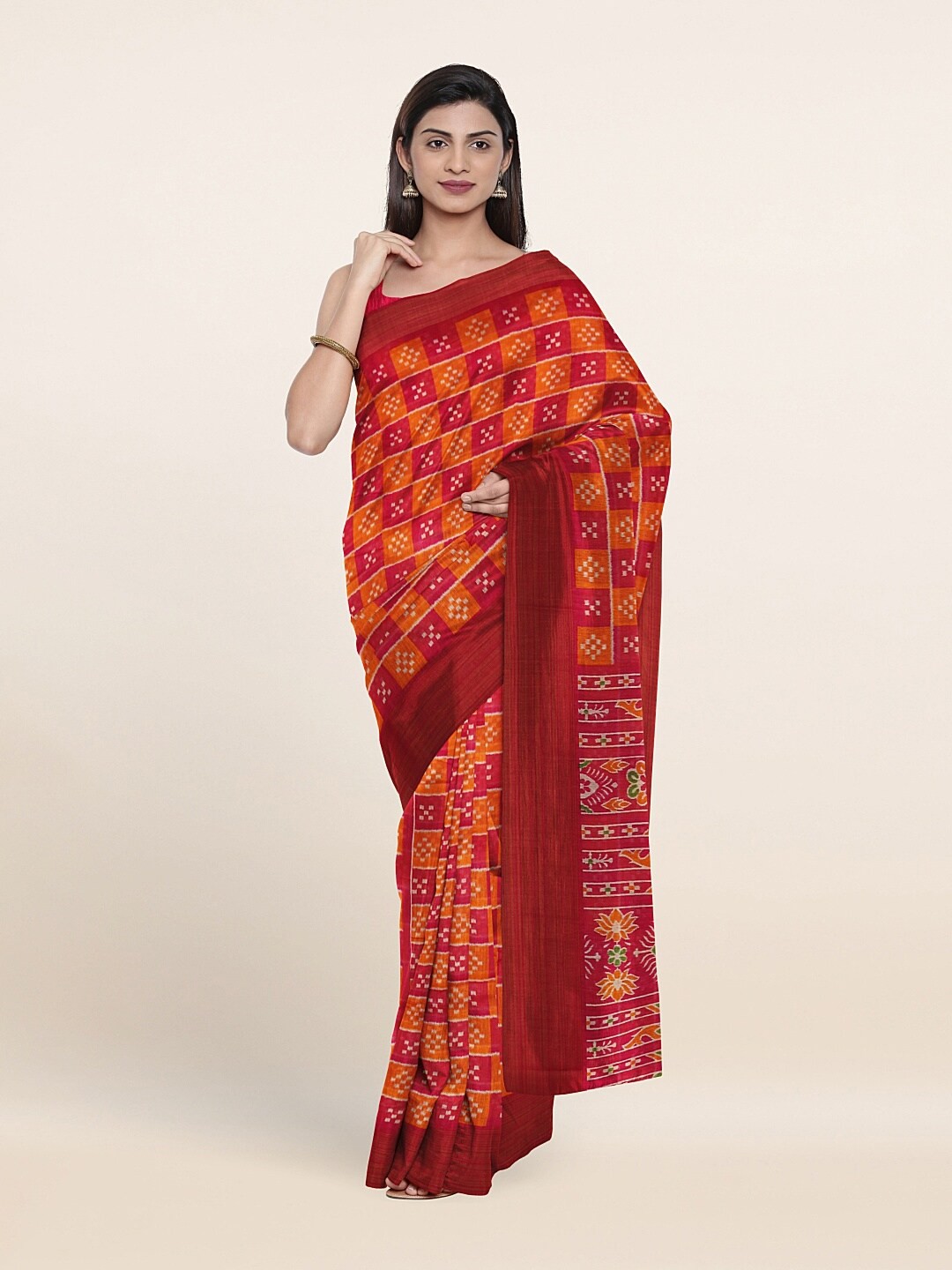

Pothys Orange & White Checked Saree
