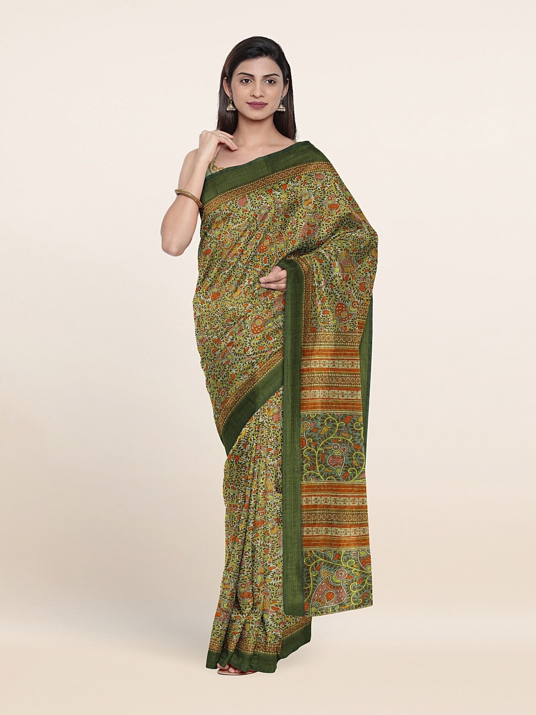 

Pothys Green & Orange Floral Jute Silk Saree