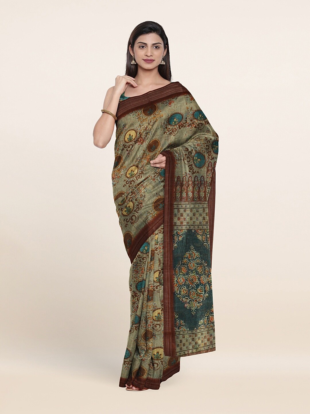 

Pothys Grey & Brown Ethnic Motifs Jute Silk Saree