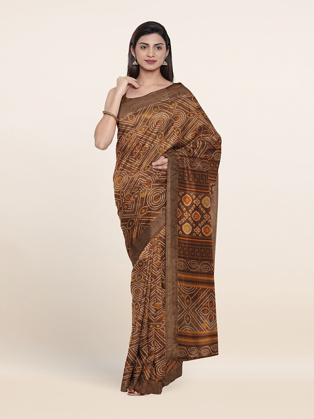 

Pothys Brown & White Printed Linen Blend Saree