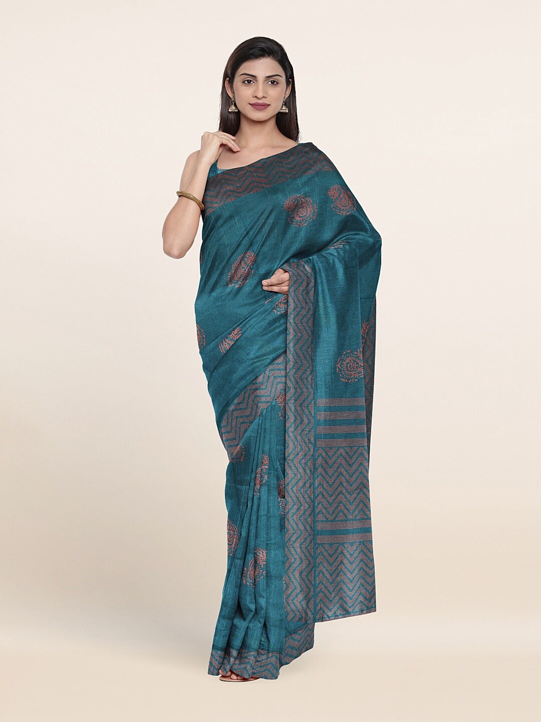 

Pothys Teal Blue & Rust Paisley Zari Saree