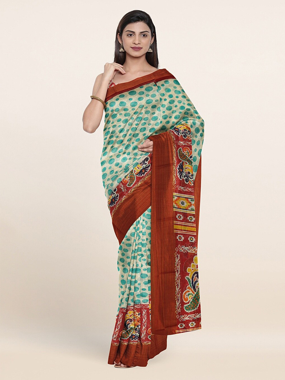 

Pothys Cream-Coloured & Blue Ethnic Motifs Printed Saree