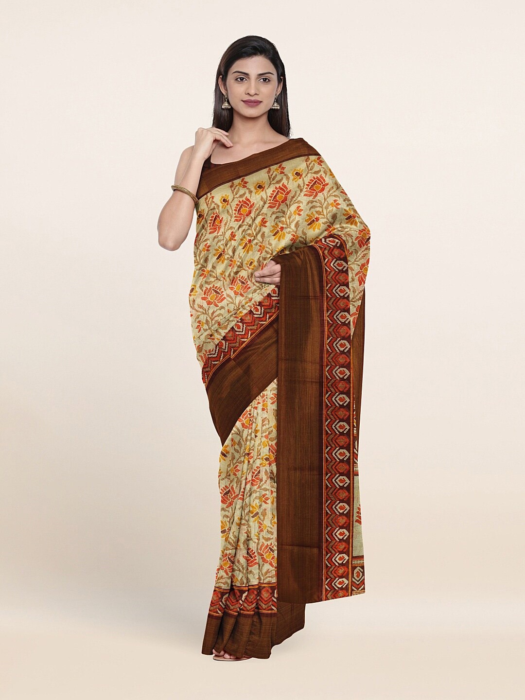 

Pothys Cream-Coloured & Red Floral Printed Saree