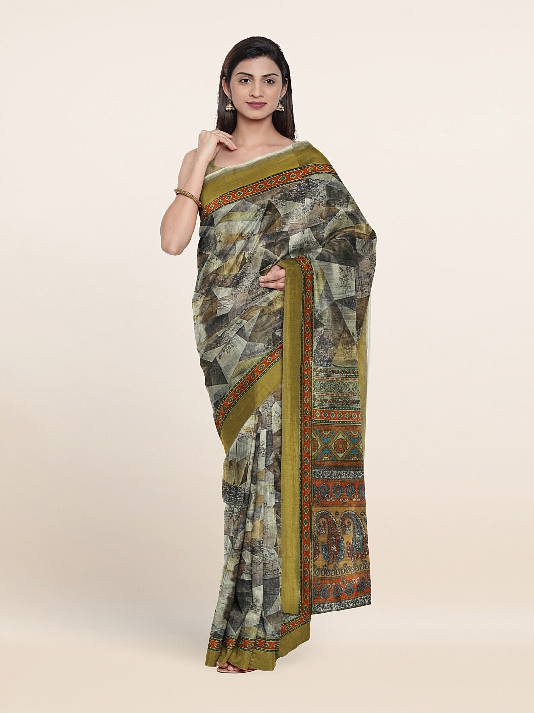 

Pothys Grey & Green Paisley Jute Silk Saree