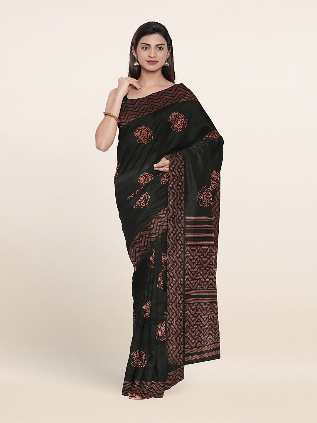 

Pothys Black & Brown Paisley Printed Zari Saree