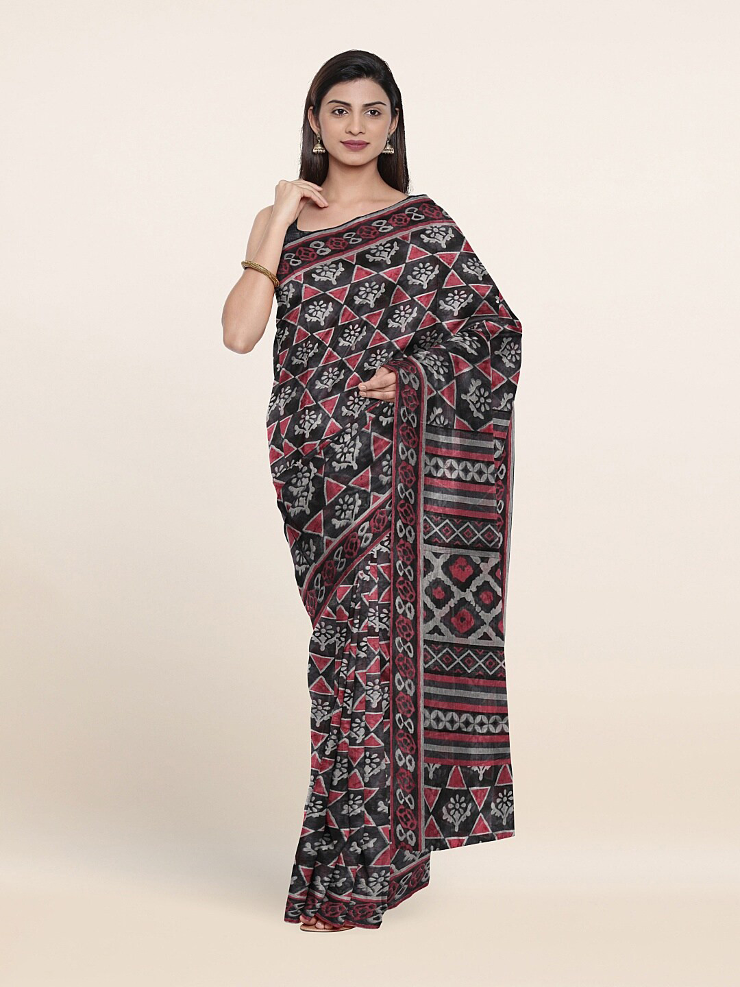 

Pothys Grey & Red Ethnic Motifs Jute Silk Saree