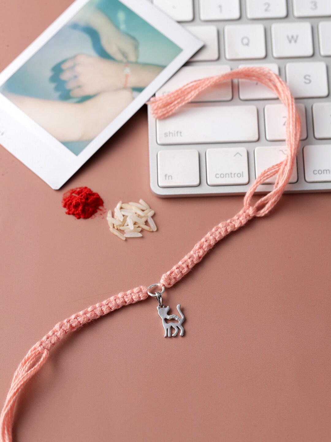 

ADORN by Nikita Ladiwala Unisex Kids Silver-Toned & Peach-Colored Cat Charm Rakhi