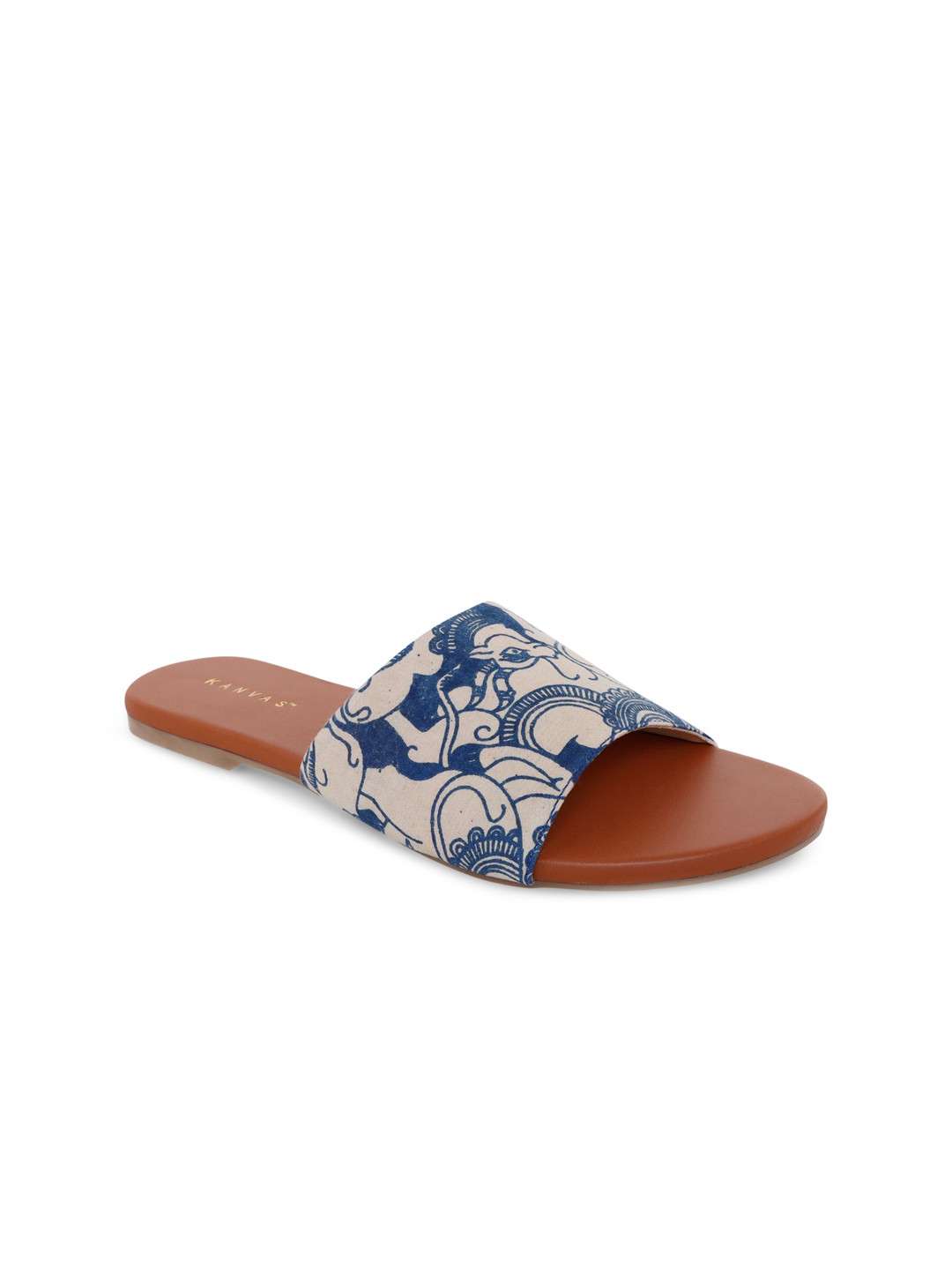 

Kanvas Women Blue Printed Leather Ethnic Open Toe Flats