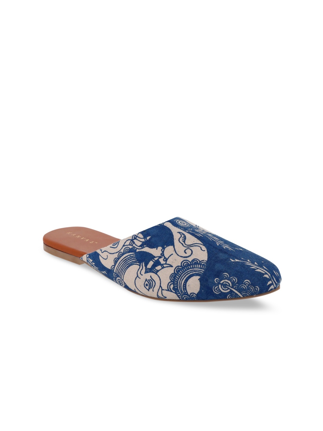 

Kanvas Women Blue Printed Leather Ethnic Mules Flats