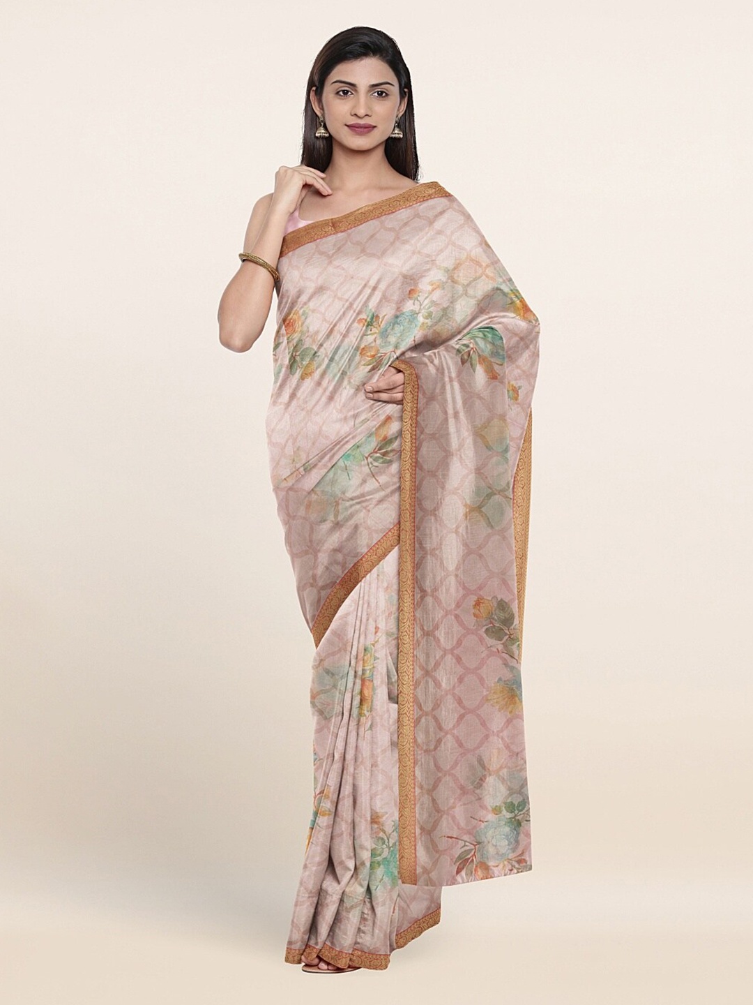 

Pothys Pink & Green Floral Printed Zari Saree