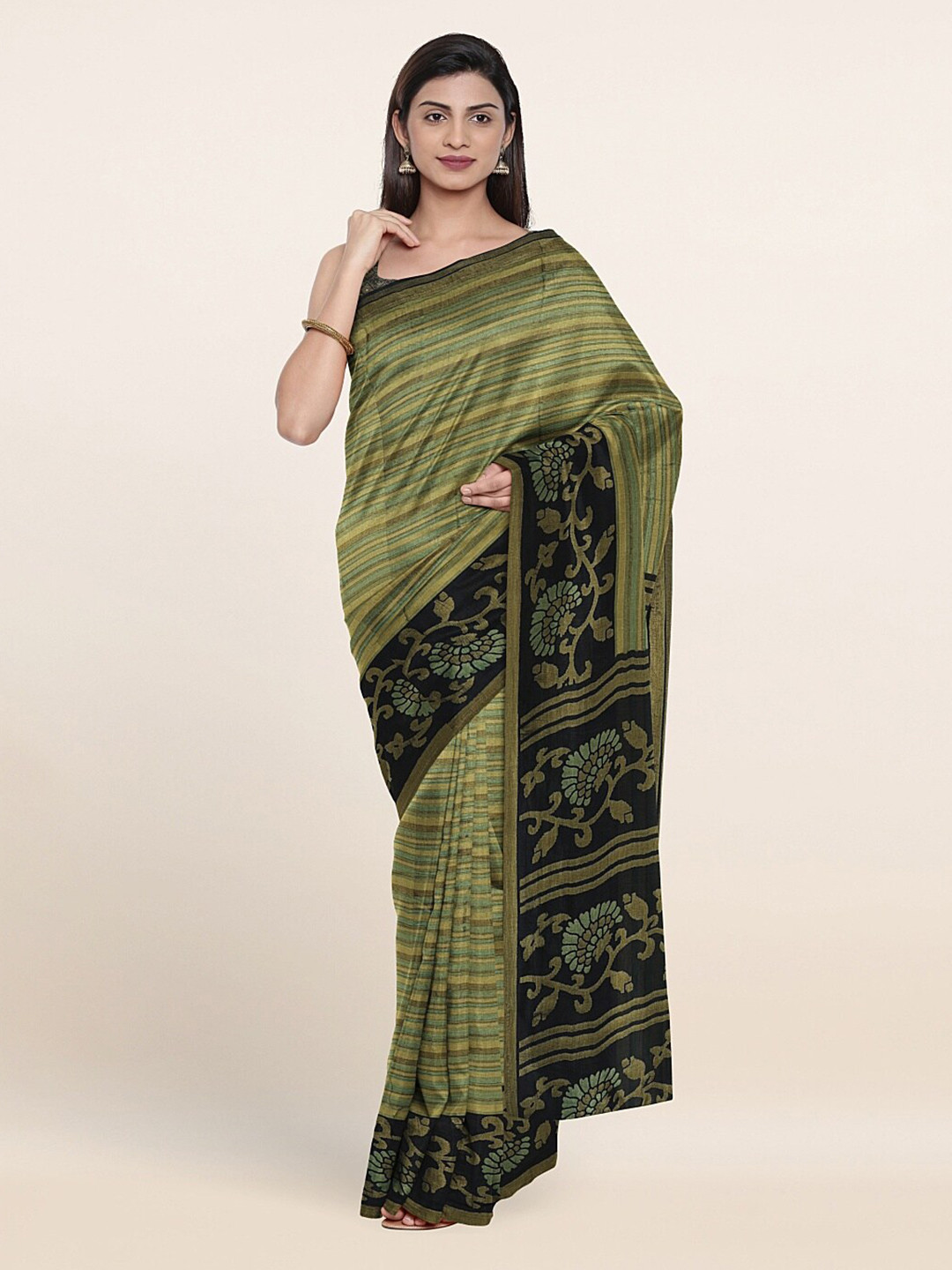 

Pothys Green & Black Floral Jute Silk Saree