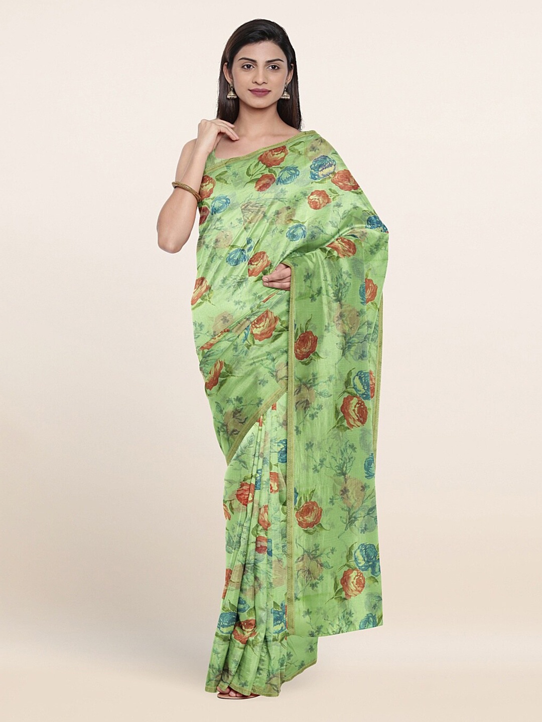

Pothys Green & Red Floral Printed Saree