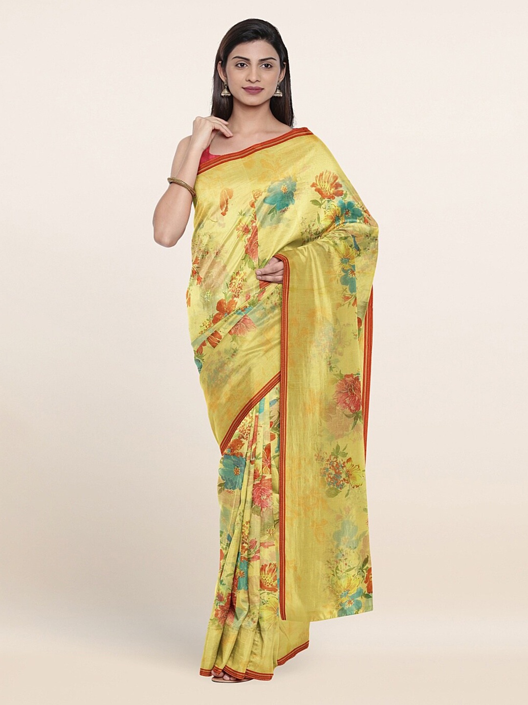 

Pothys Yellow & Blue Floral Printed Saree