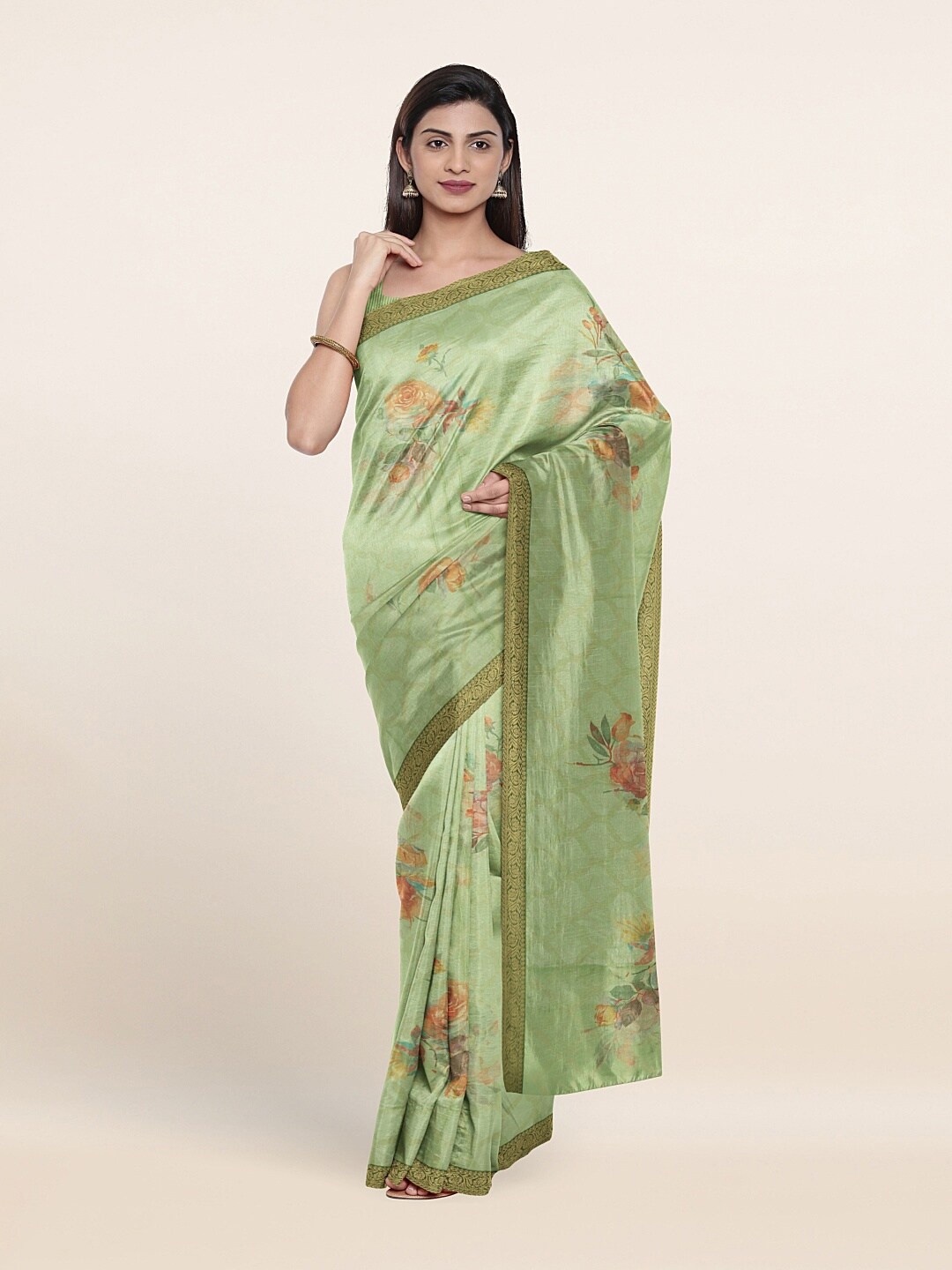 

Pothys Green & Red Floral Printed Zari Saree