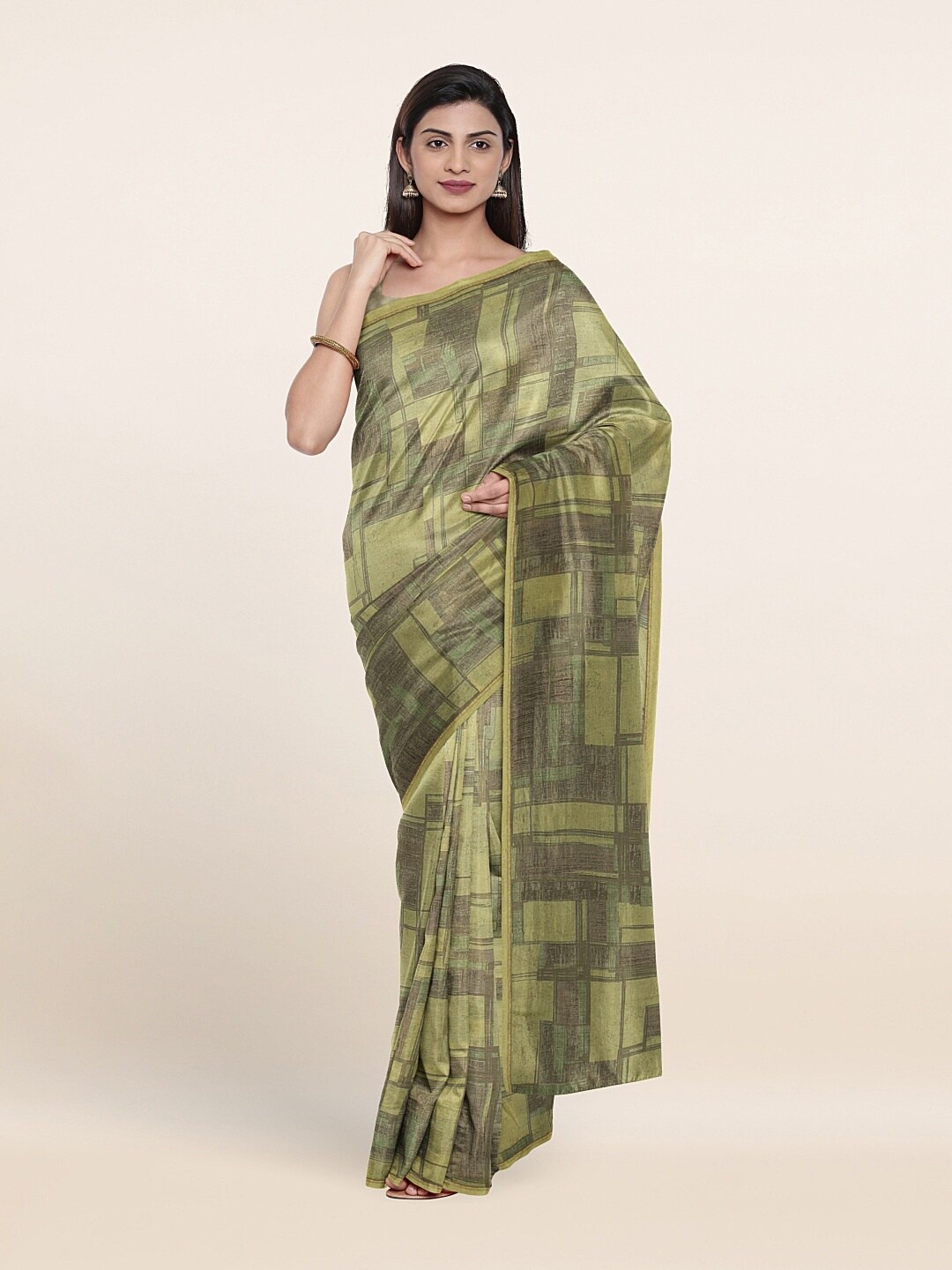

Pothys Grey & Green Poly Chiffon Patchwork Saree