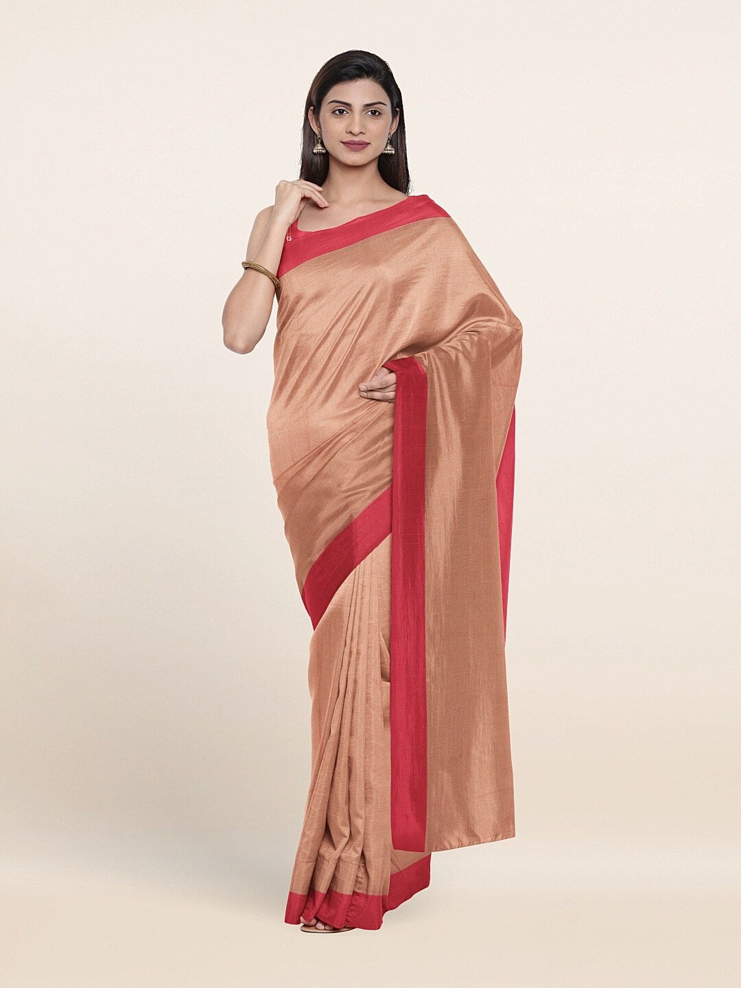 

Pothys Peach-Coloured & Red Solid Saree