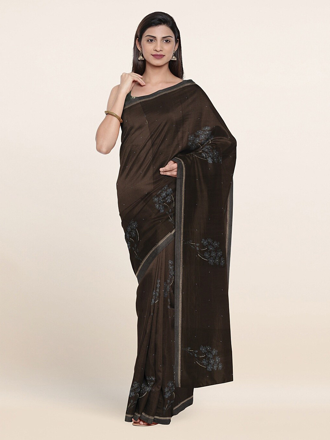 

Pothys Brown & Grey Poly Chiffon Floral Saree