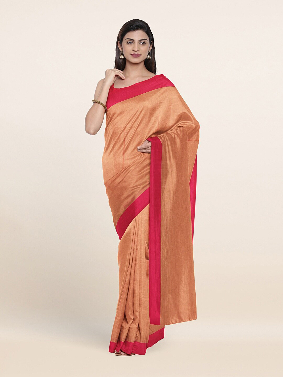 

Pothys Peach-Coloured & Red Solid Saree
