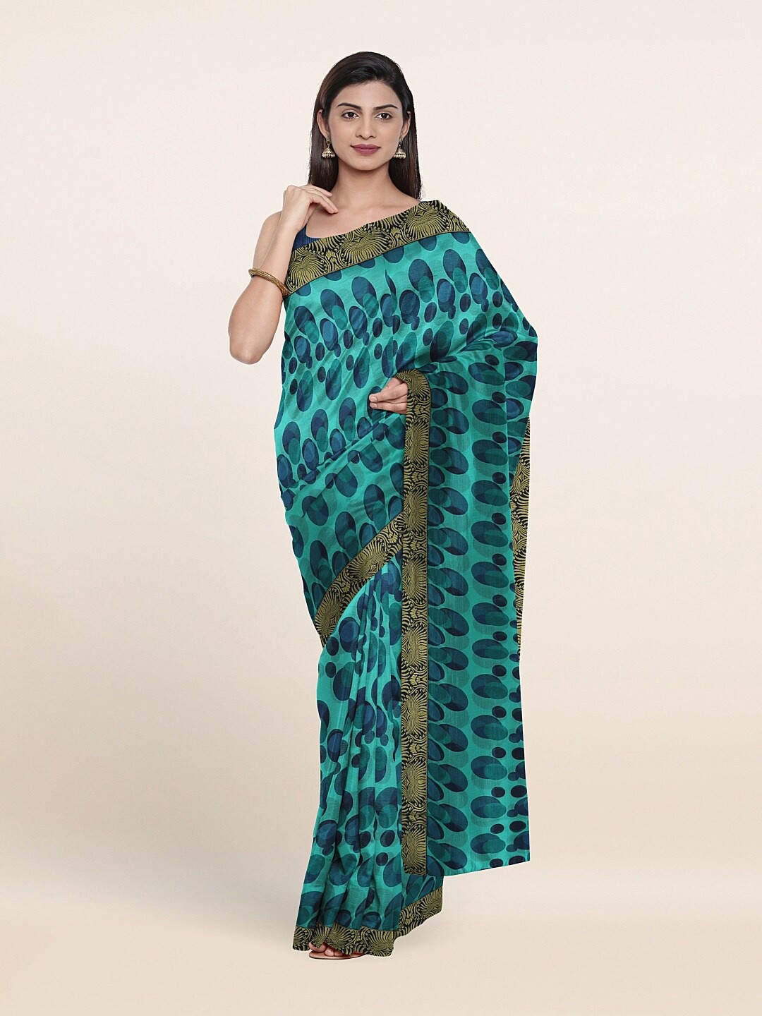 

Pothys Blue & Gold-Toned Geometric Printed Saree