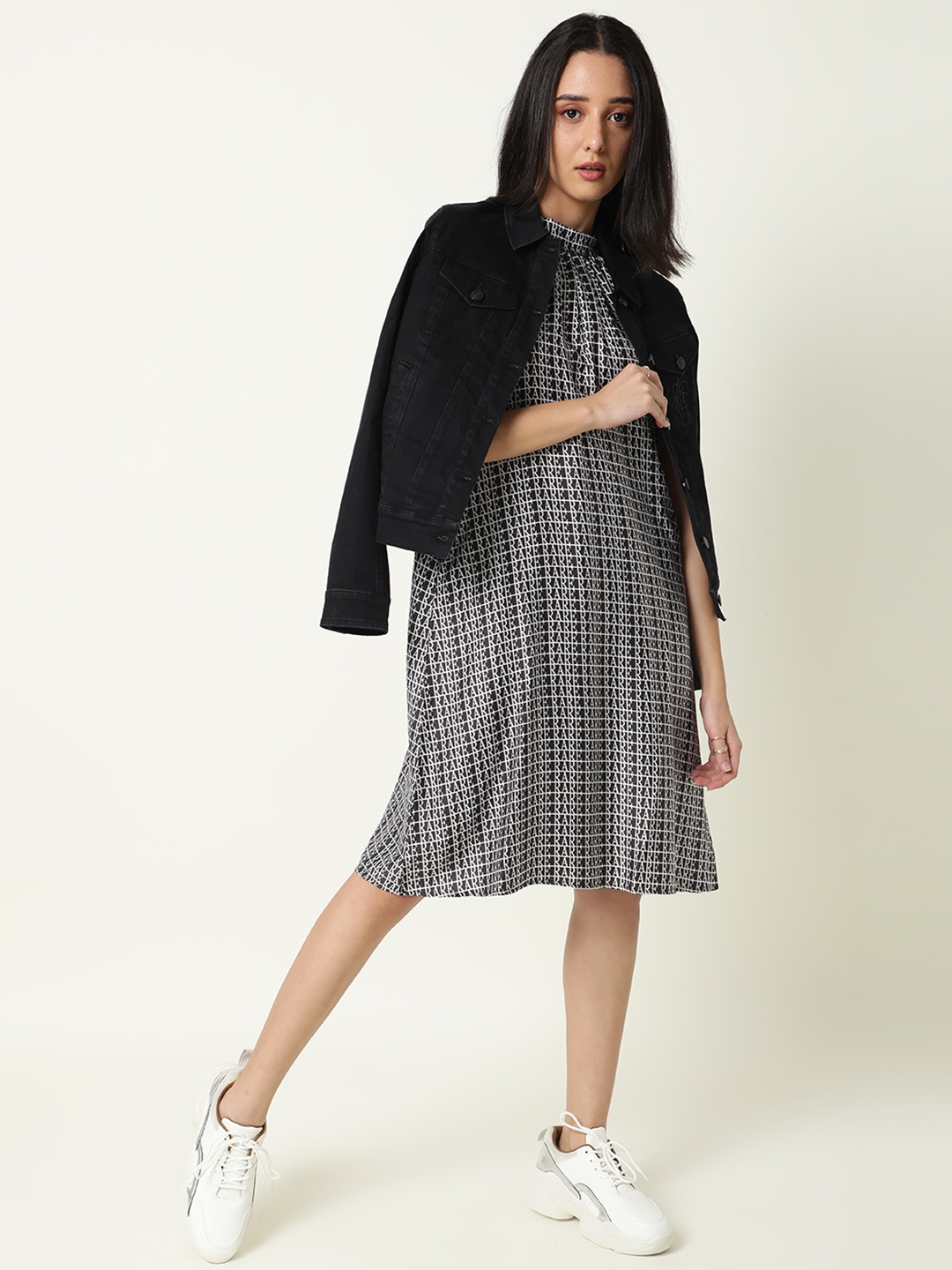 

RAREISM Black Checked Satin A-Line Dress