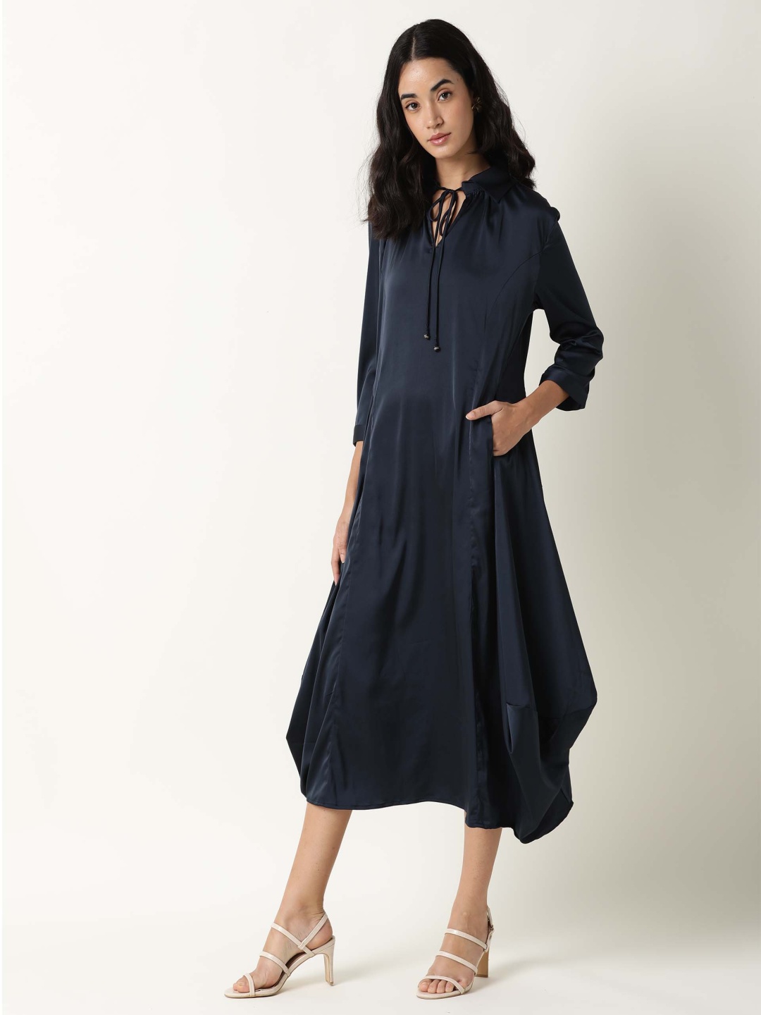 

RAREISM Navy Blue A-Line Midi Dress